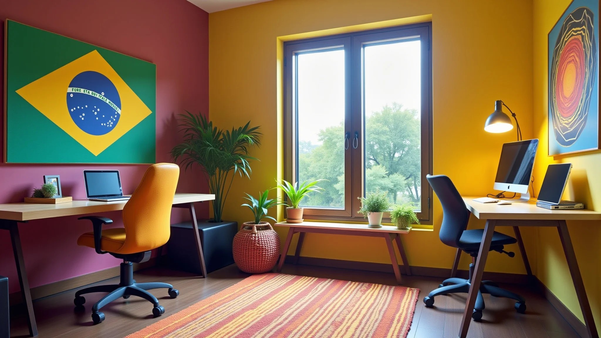 Home office com cores vibrantes, arte brasileira e cadeira ergonômica.