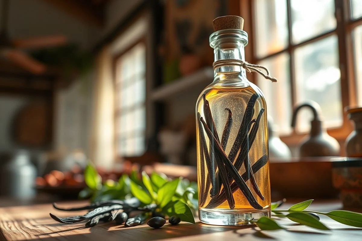 Preparando perfume de baunilha caseiro em cozinha rústica.