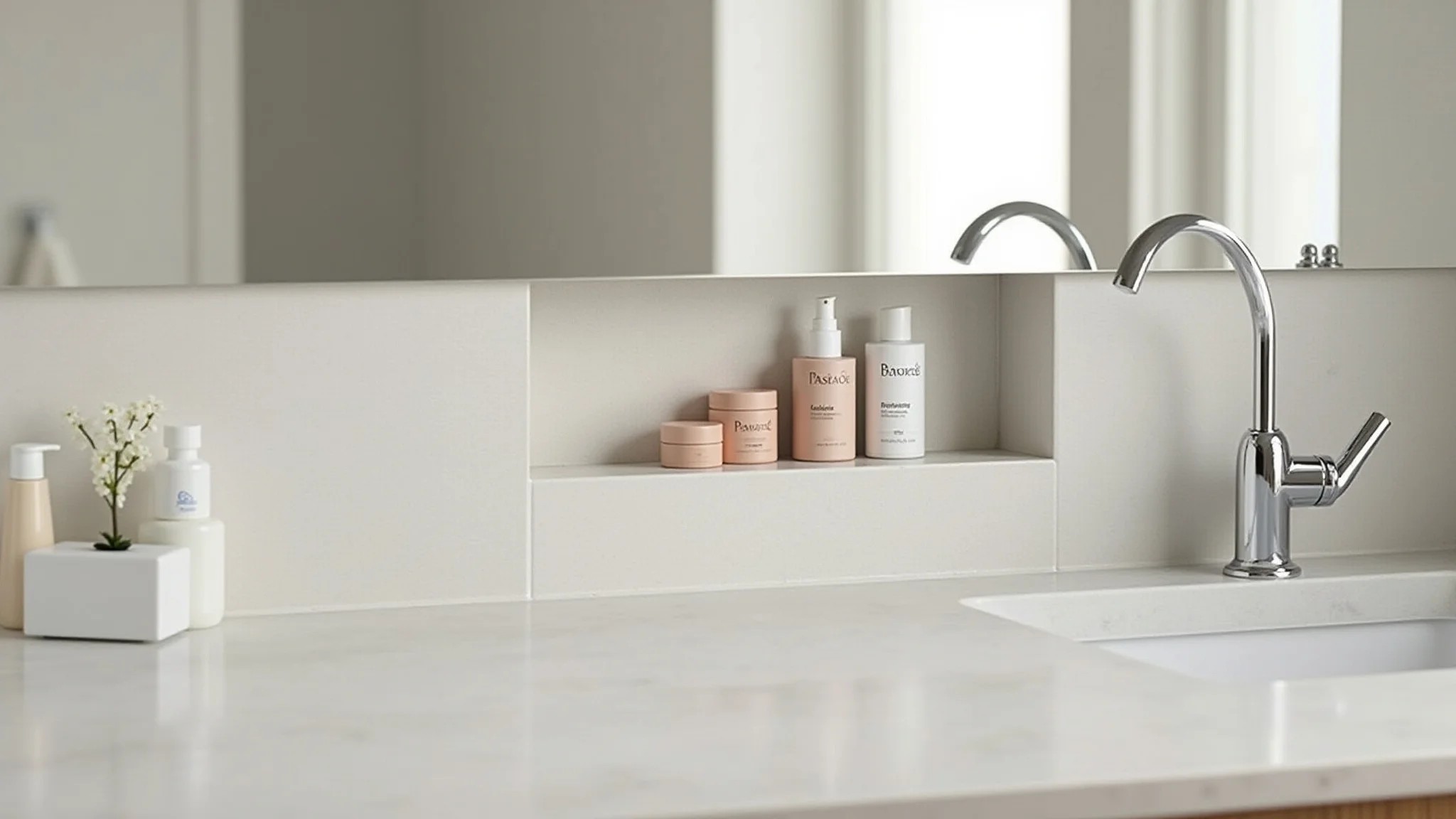 Nicho horizontal no banheiro com produtos de skincare, design minimalista.