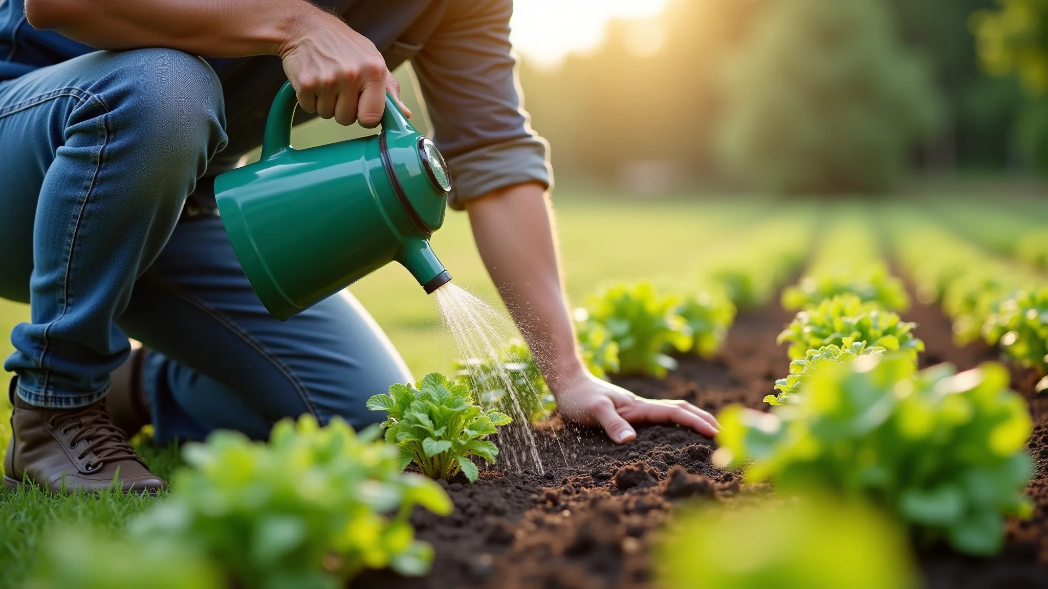 Horticultor irrigando o solo, preparando para plantar vegetais orgânicos, com luz natural.