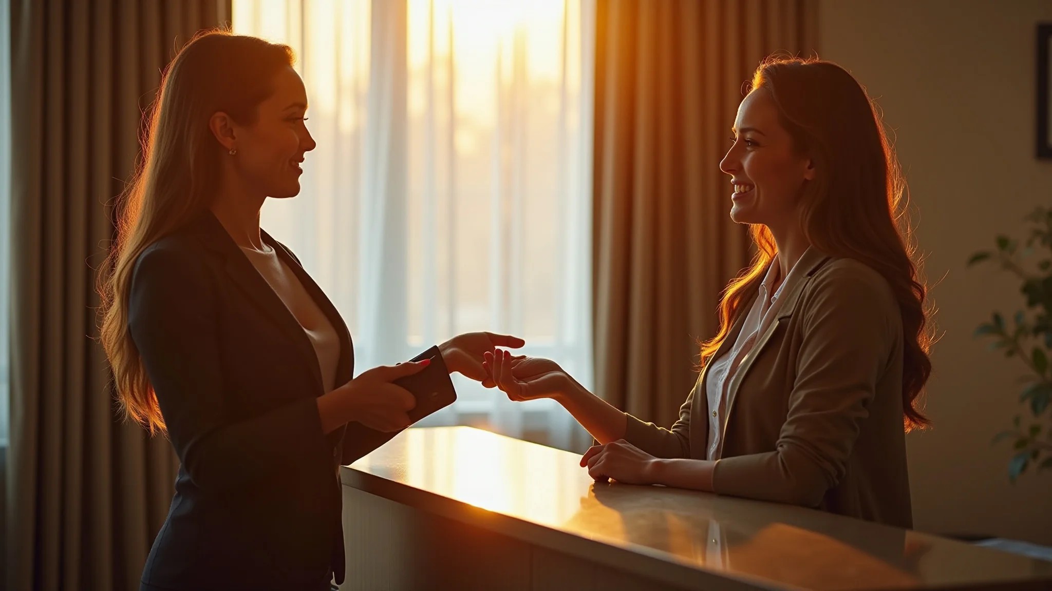 Concierge de hotel recebendo gorjeta discretamente de mulher elegante no check-in.