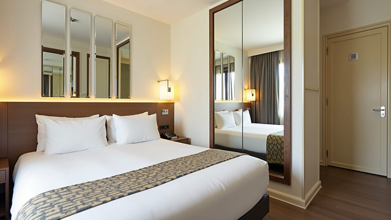 Quarto de hotel com espelhos decorativos ampliando o espaço.