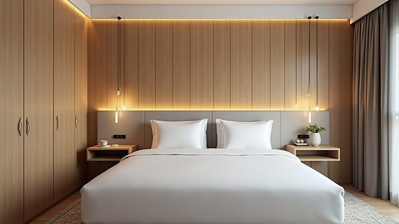 Quarto de hotel com revestimentos naturais em madeira e iluminação suave.
