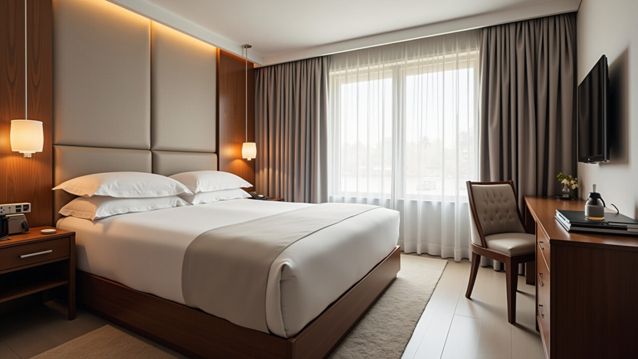 Quarto de hotel com cortinas de linho e blackout.