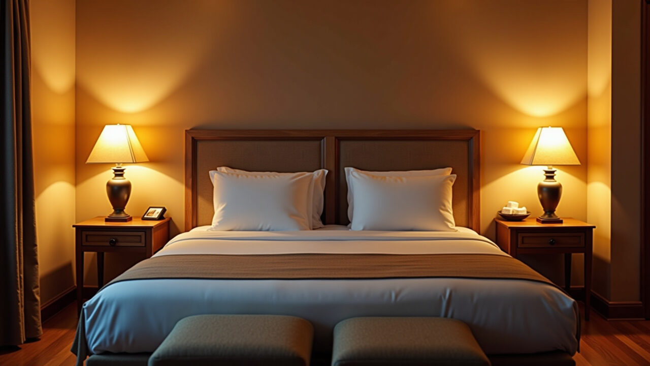 Quarto de hotel com iluminação aconchegante.