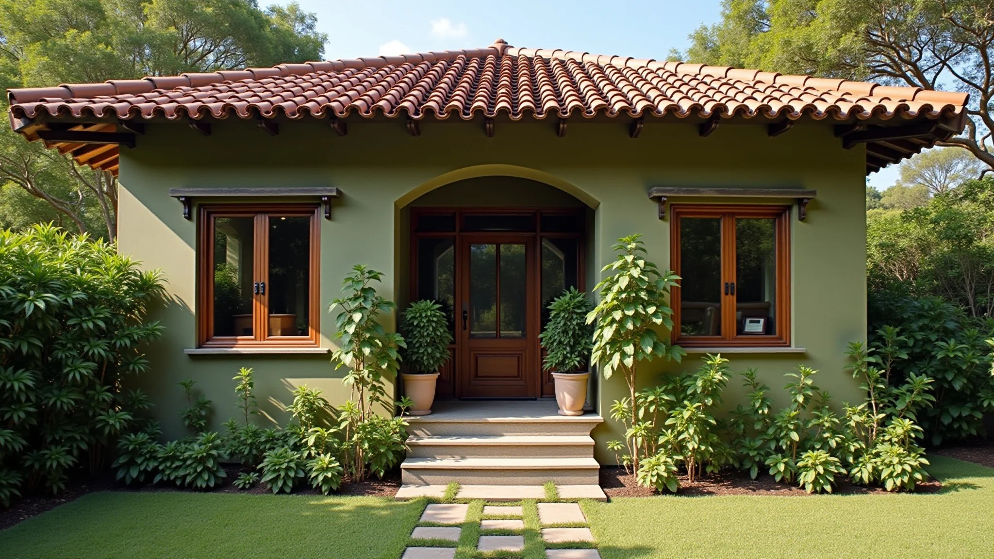 Fachada de casa verde oliva com plantas, luz natural e estilo brasileiro.
