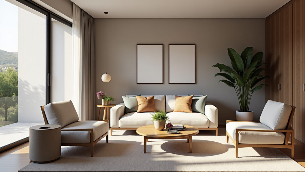 Planta humanizada de apartamento moderno com móveis brasileiros.