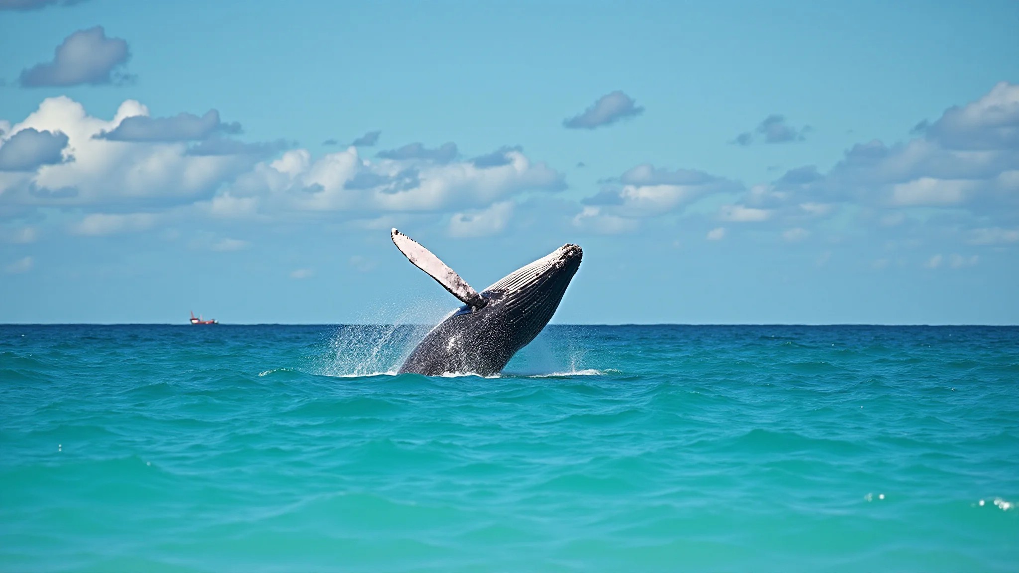 Baleia jubarte saltando na costa da Bahia, Brasil, água turquesa cristalina.