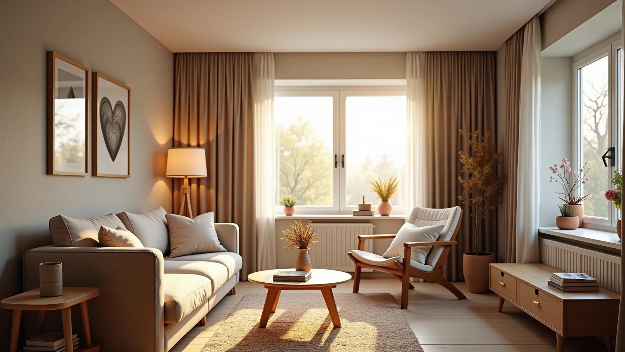 Sala de estar hygge com design escandinavo, móveis de madeira clara e iluminação suave.