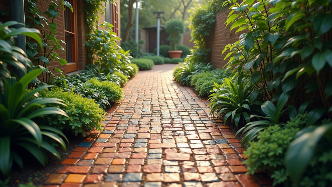 Caminho de jardim com ladrilhos hidráulicos e design colorido.