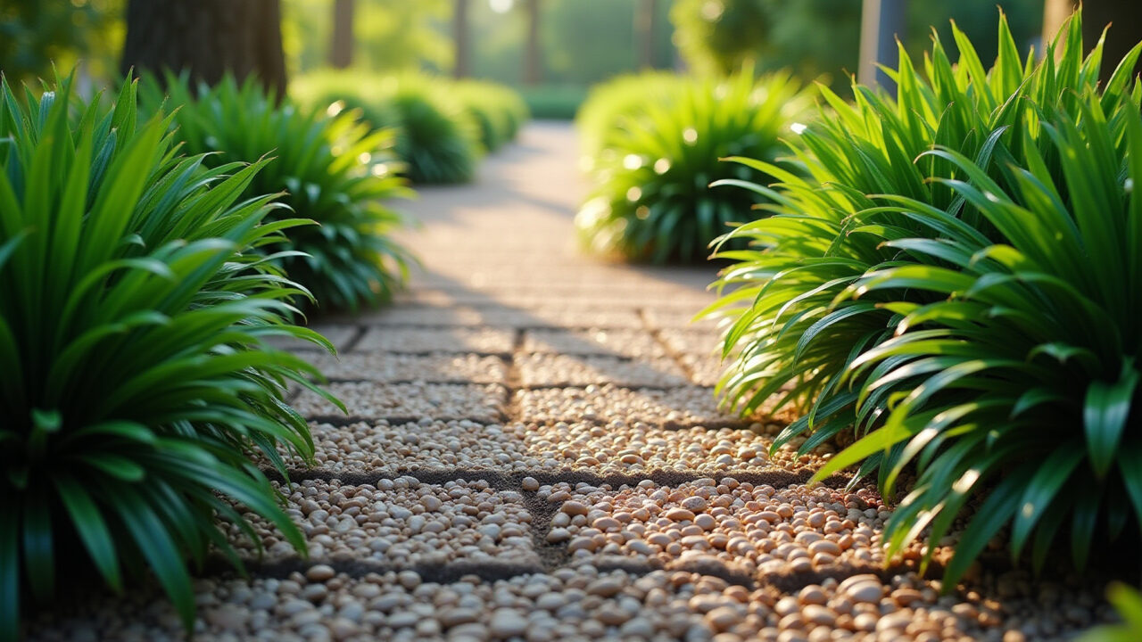 Caminho de jardim com seixos rolados e plantas verdes.