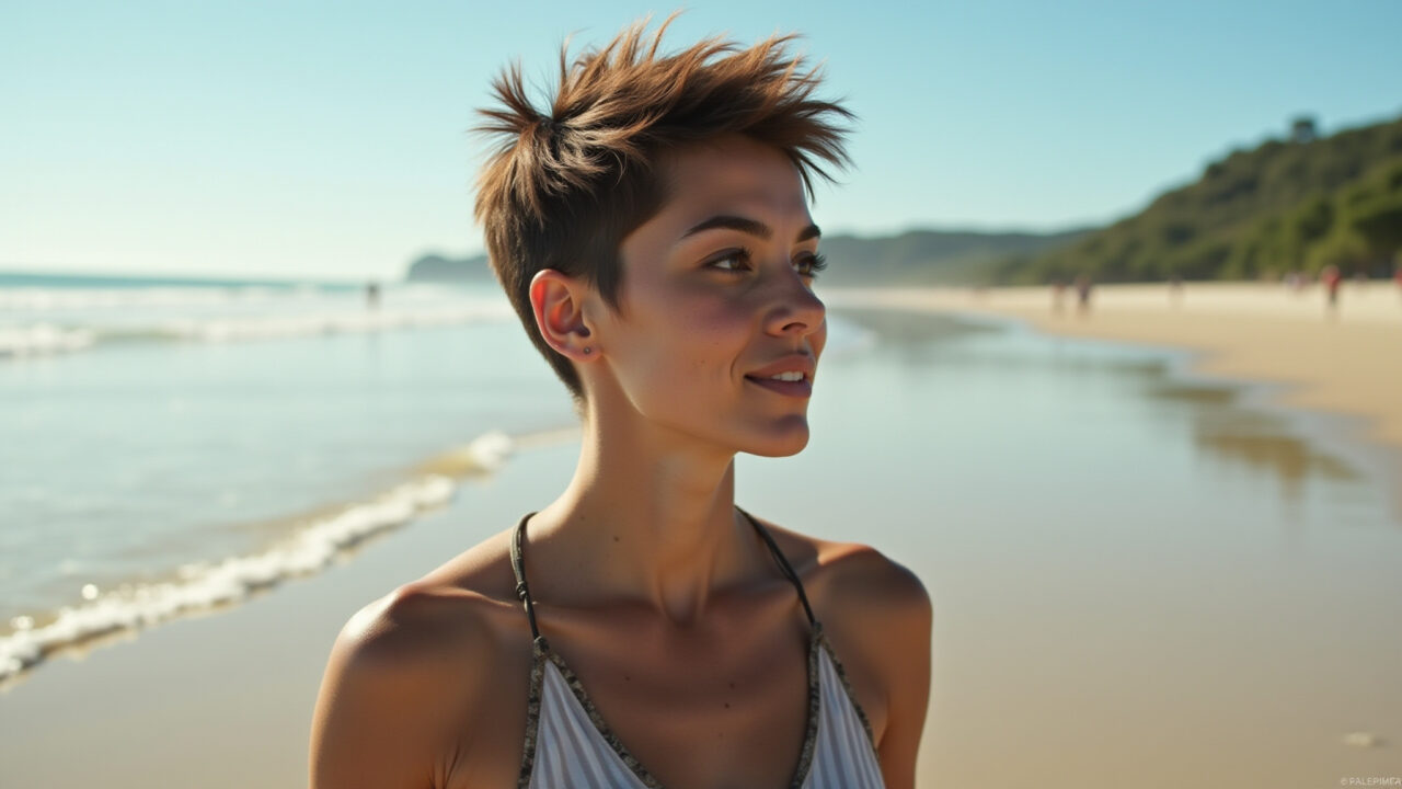Pixie cut desconectado: visual moderno e despojado.