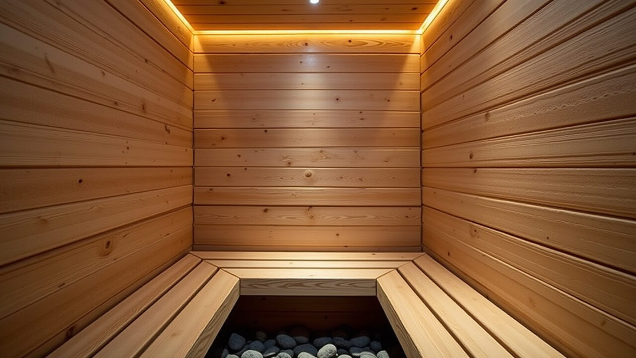 Sauna seca compacta com madeira de cedro e pedras vulcânicas.