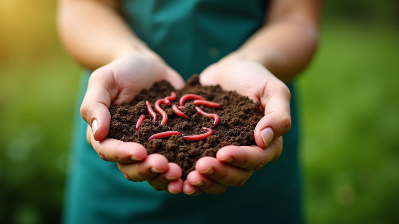 Mãos segurando terra com minhocas em horta vibrante.