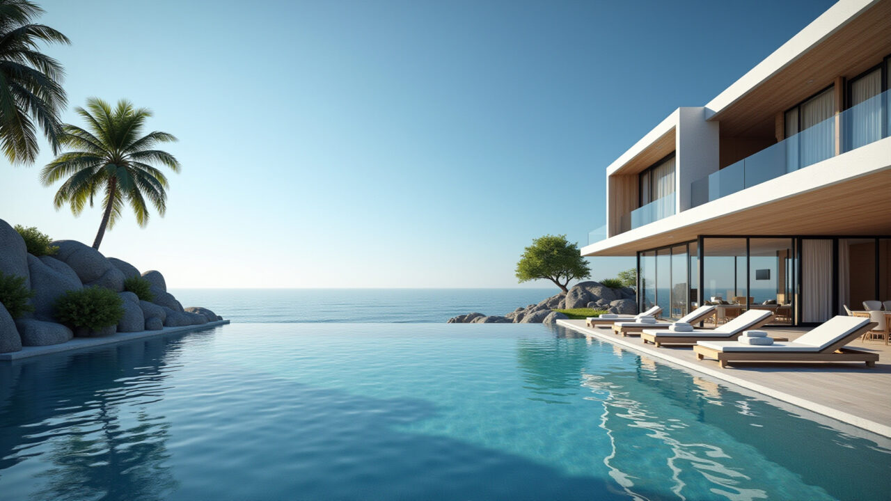 Casa moderna com piscina de borda infinita e vista para o mar.