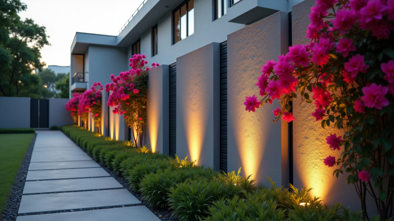 Muro de segurança moderno com iluminação integrada e bougainvillea.