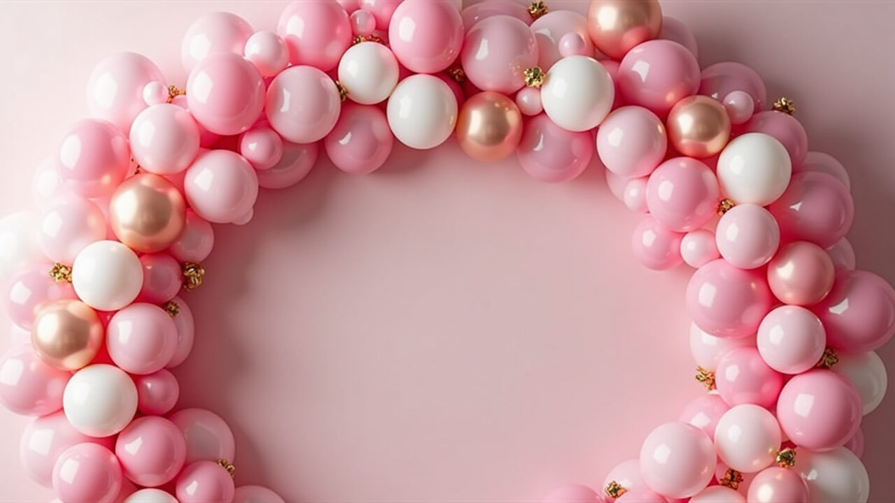 Painel de balões rosa e branco para festa da Barbie com detalhes dourados.