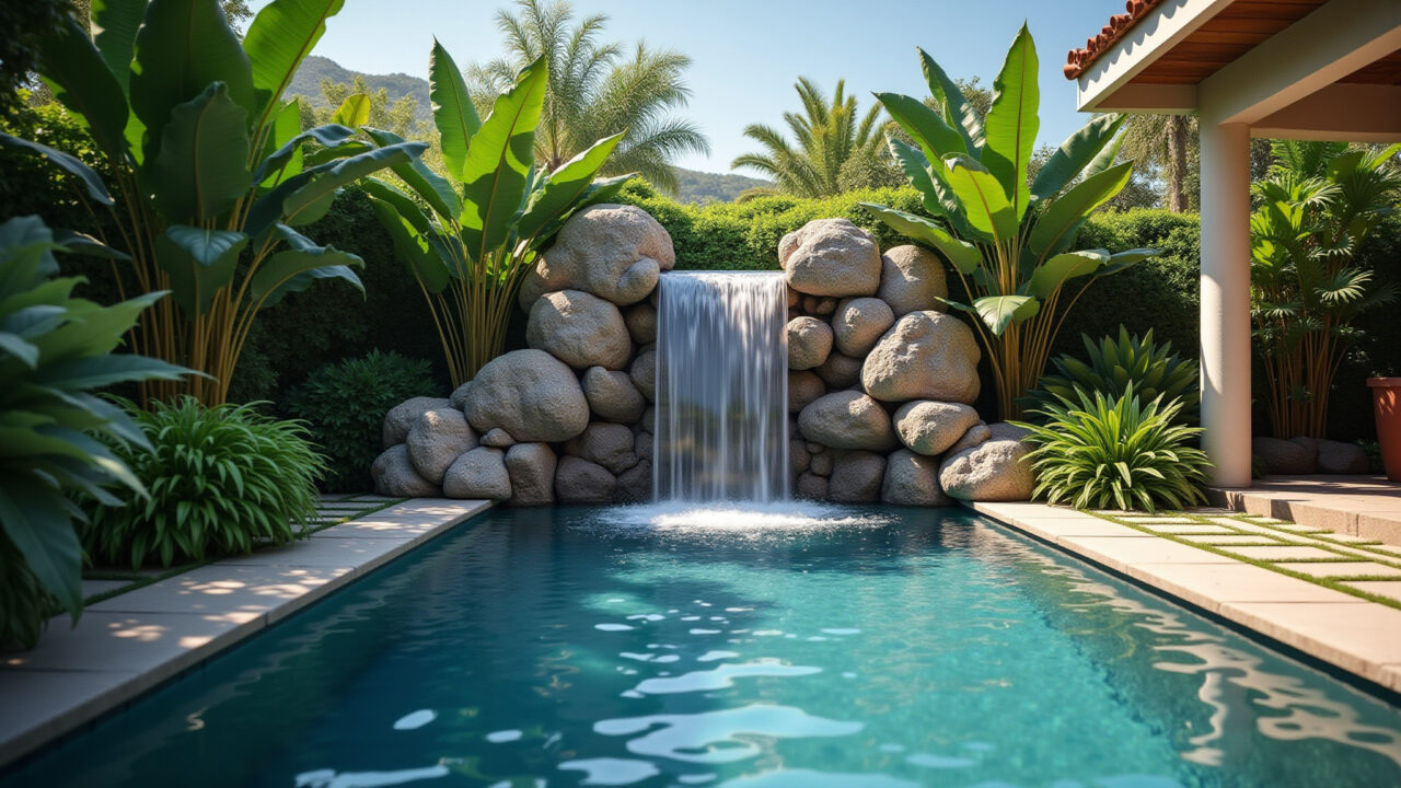 Piscina com cascata e plantas tropicais em um jardim exuberante.