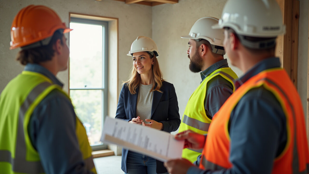 Mulher comunicando-se com trabalhadores da construção em obra.