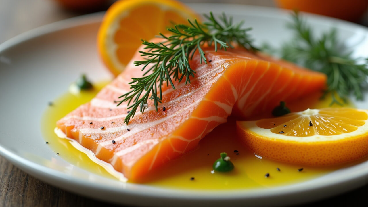 Crudo de Salmão com Laranja e Dill fresco e vibrante.
