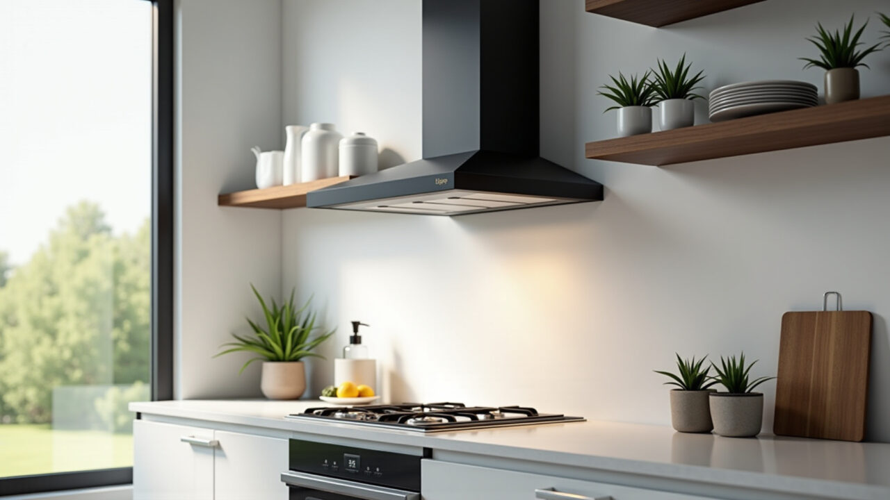 Ventilação de cozinha com exaustor e coifa de design moderno.