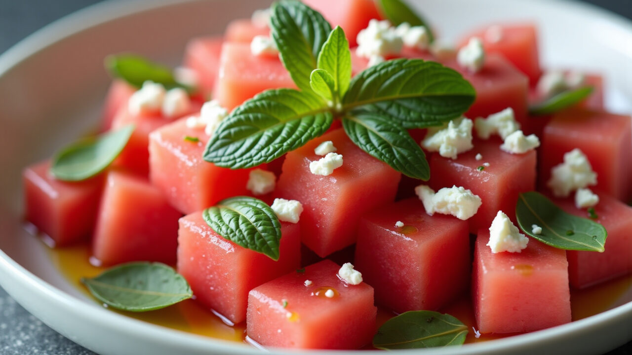 Crudo de Melancia com Queijo Feta e Hortelã, refrescante e inusitado.