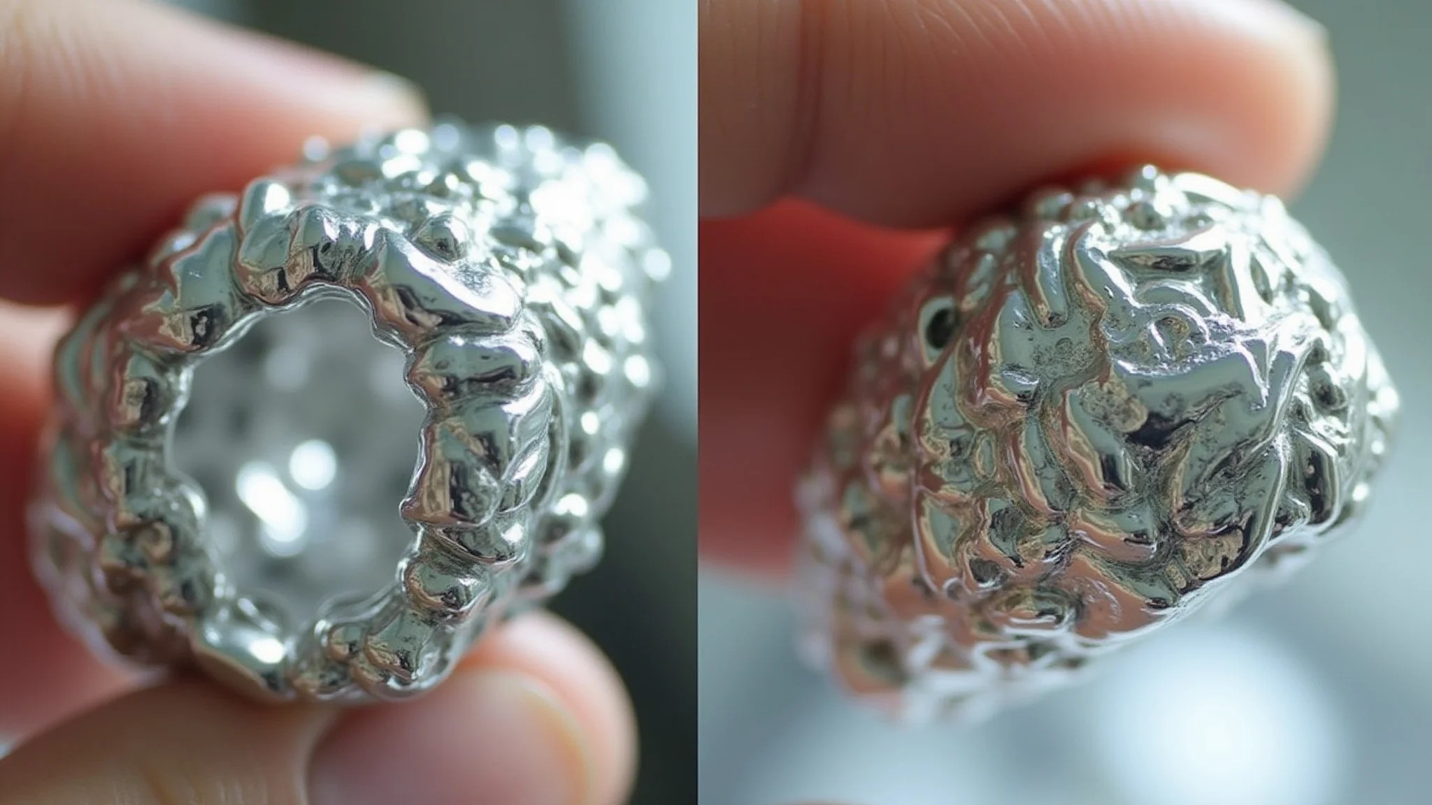 Comparativo de joias de prata antes e depois da limpeza com bicarbonato e papel alumínio.