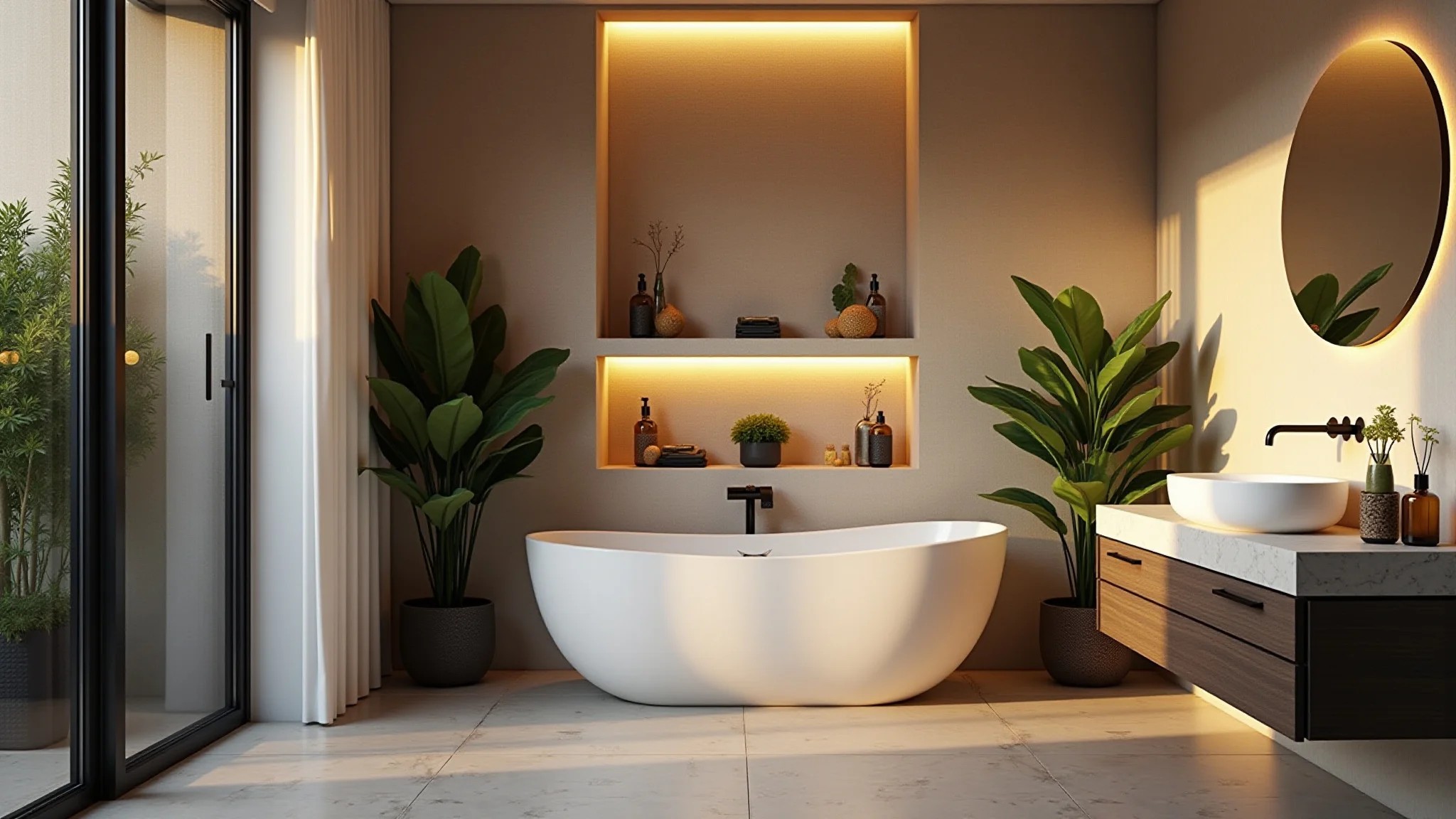 Banheiro moderno com nicho iluminado, design brasileiro, iluminação suave e plantas.