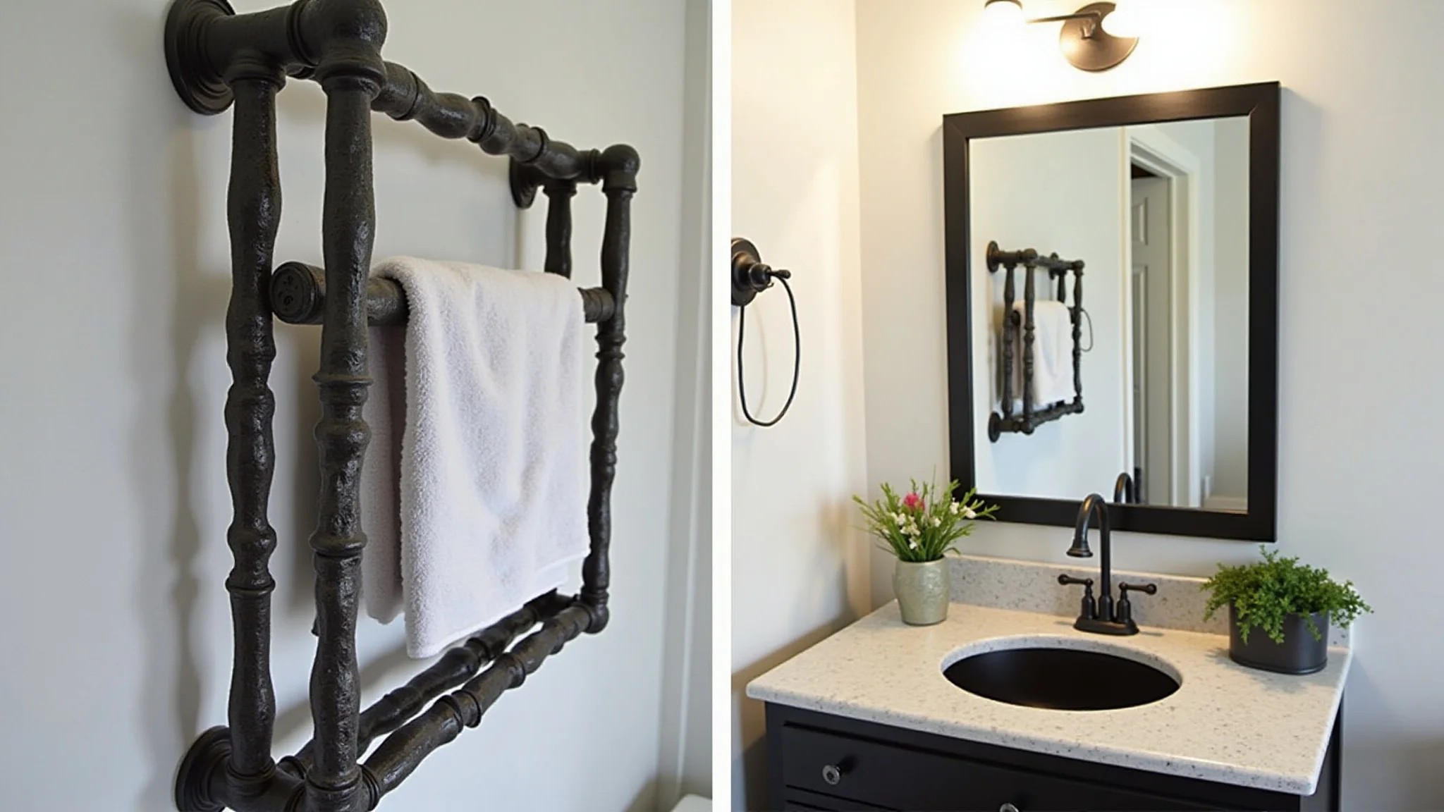 Banheiro preto e branco com decoração DIY e porta-toalhas criativo.