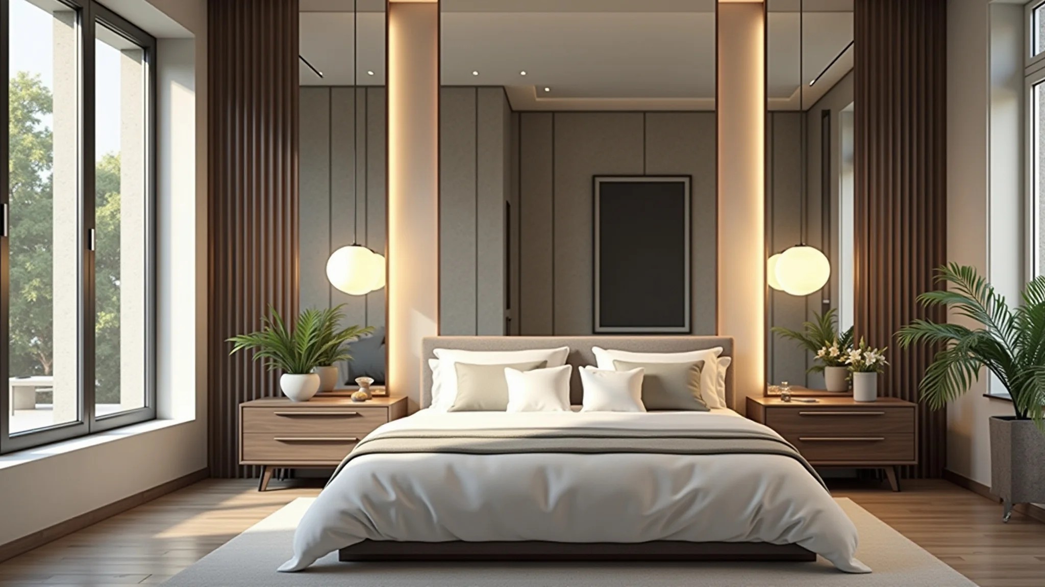 Quarto de casal moderno com espelho grande ampliando o espaço e refletindo a luz.
