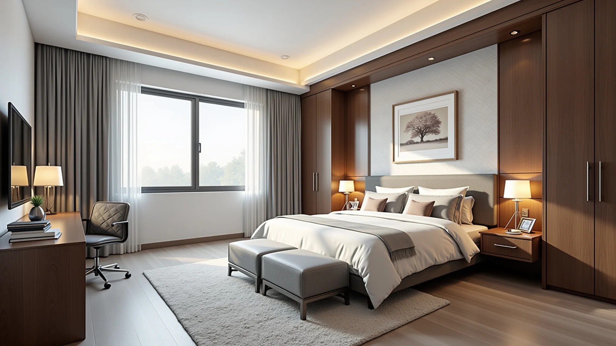 Quarto com escritório com móveis planejados, espaço otimizado e design moderno.
