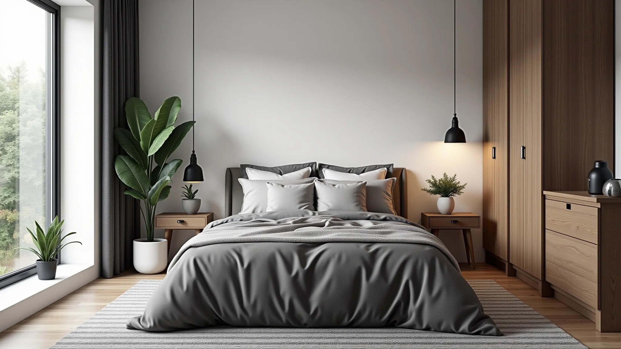Quarto preto e branco com influências escandinavas, texturas de madeira e plantas.