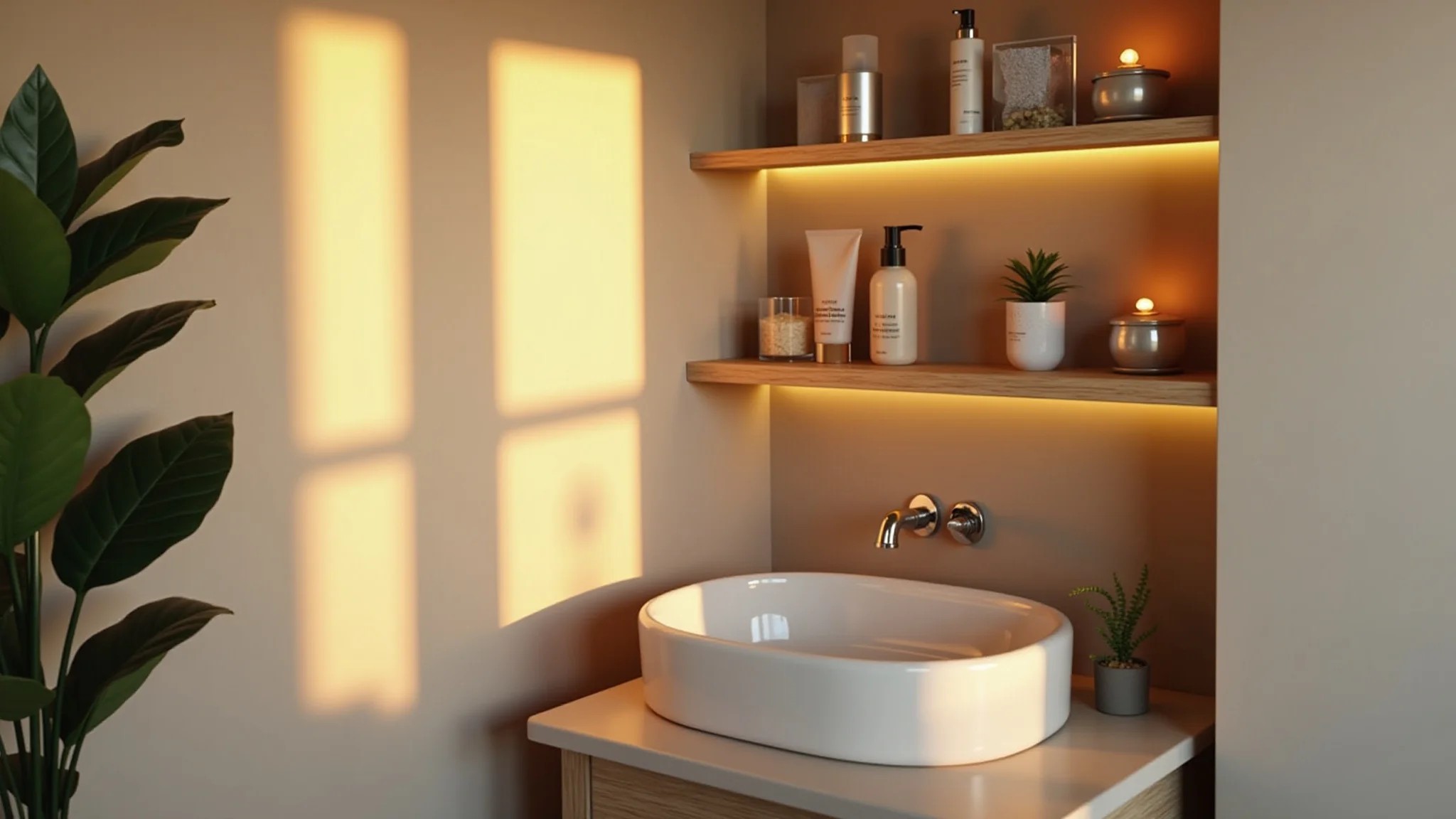 Banheiro compacto com prateleiras de canto exibindo produtos de skincare e velas.