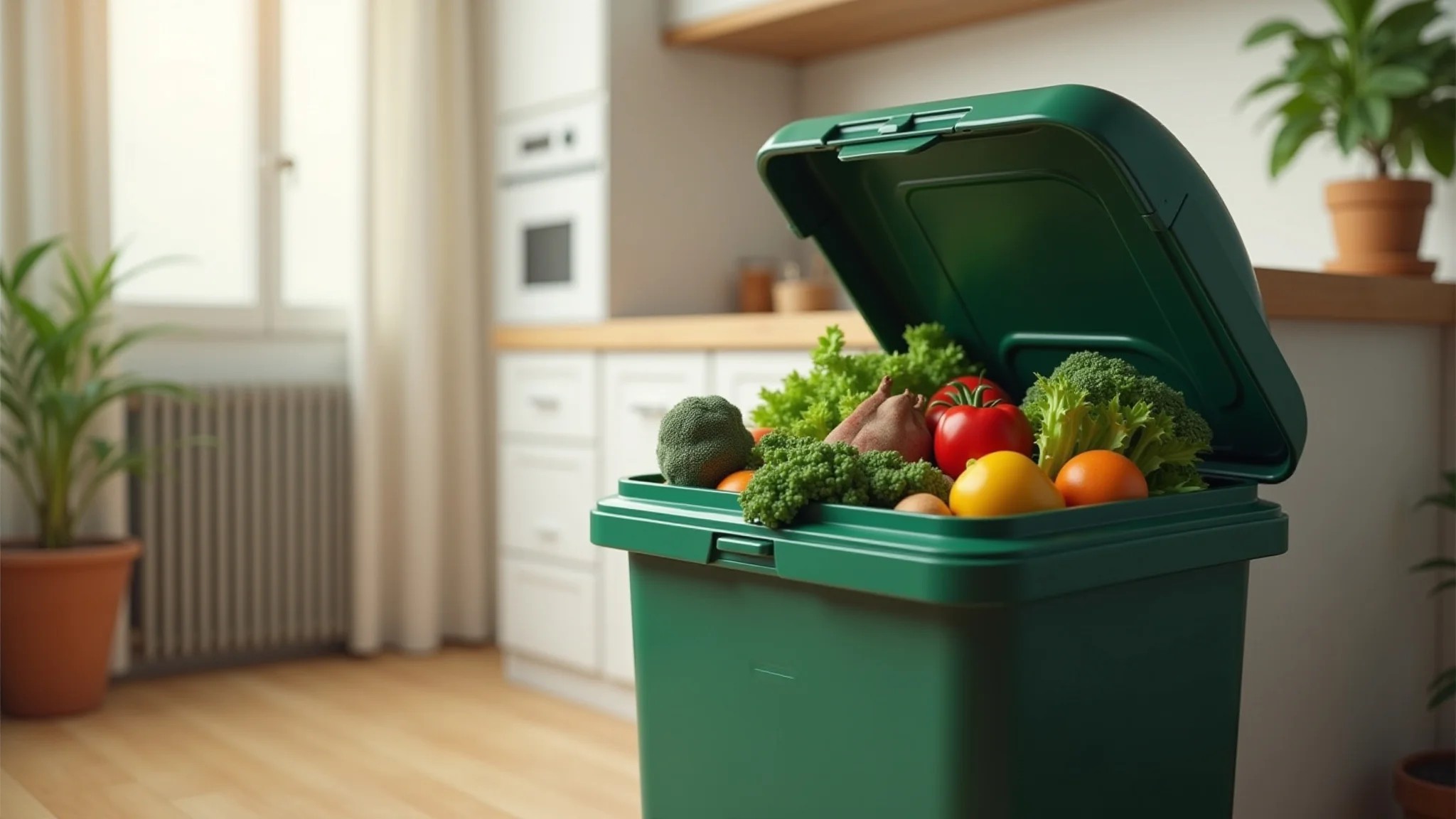 Composteira doméstica em uma cozinha de apartamento, mostrando reciclagem de lixo orgânico.