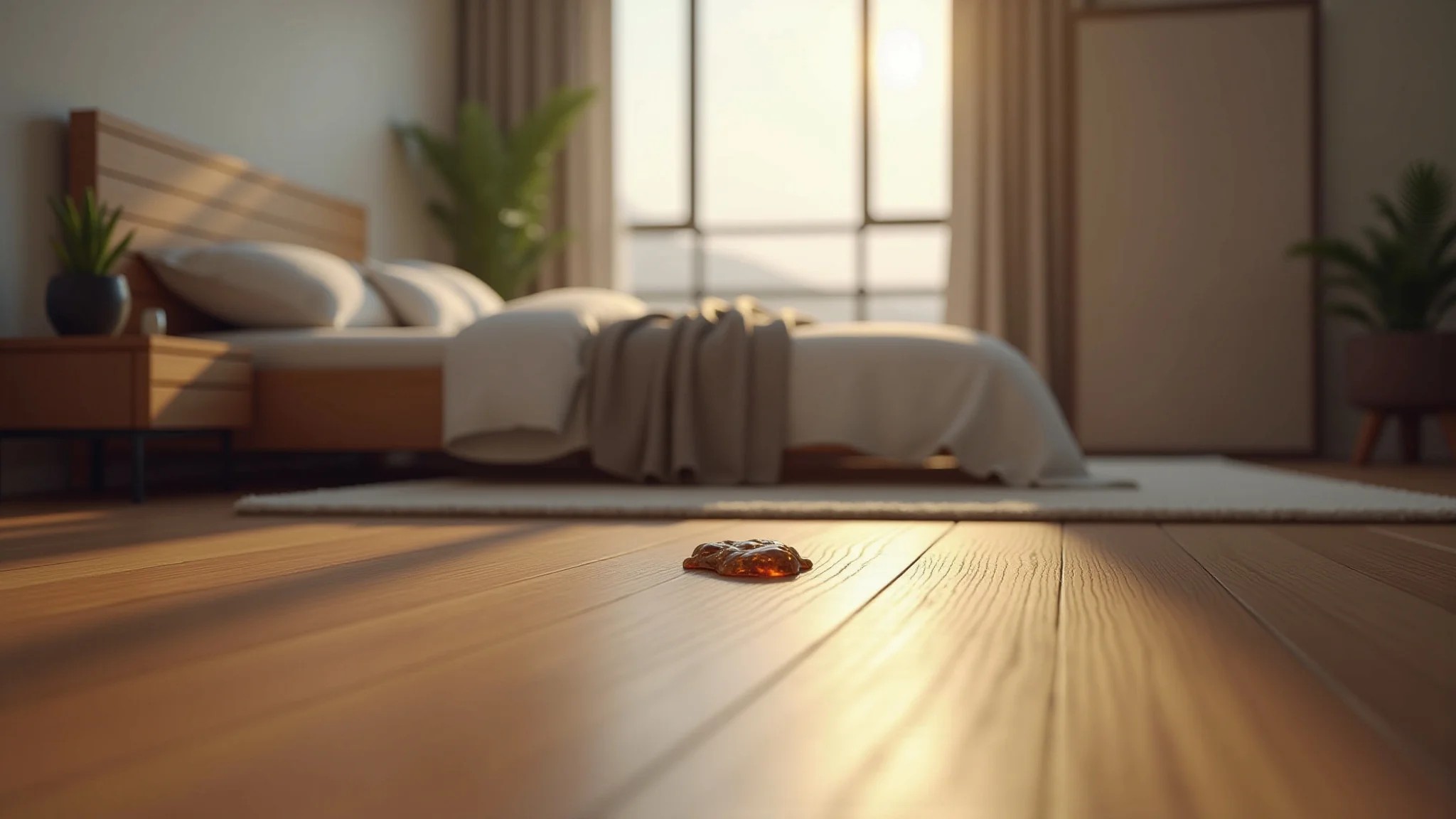 Quarto aconchegante com piso laminado e limpeza de pequeno derrame.