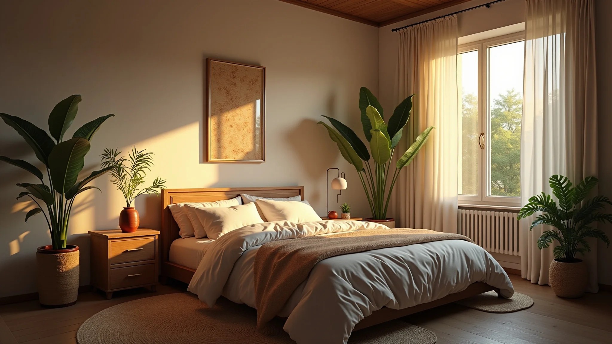 Quarto de casal aconchegante com plantas, texturas naturais e iluminação suave.