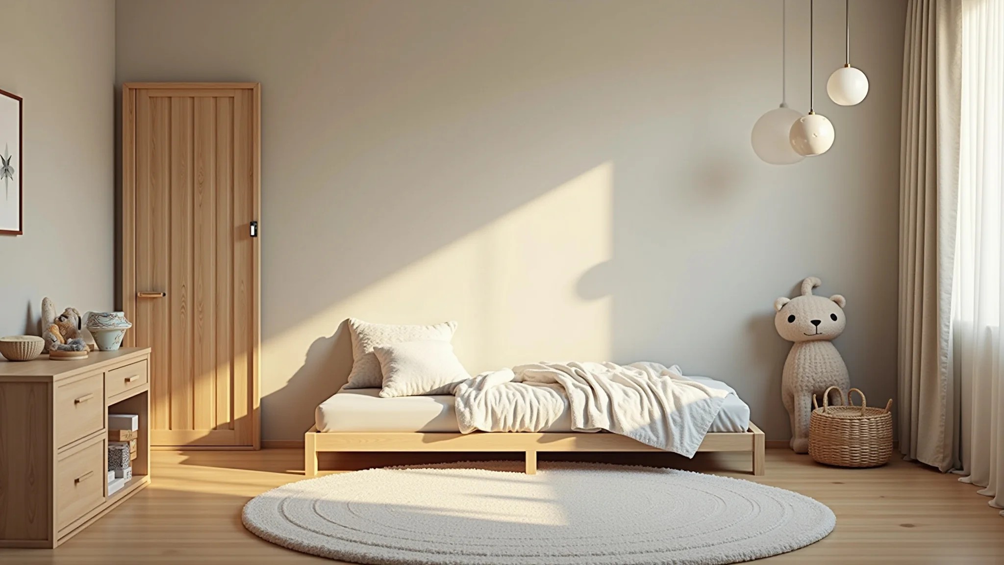 Quarto montessoriano aconchegante com cama no chão e cores neutras.