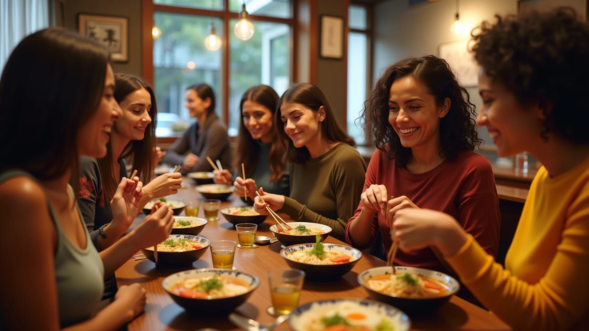 Grupo diverso de brasileiras saboreando ramen em restaurante japonês autêntico.