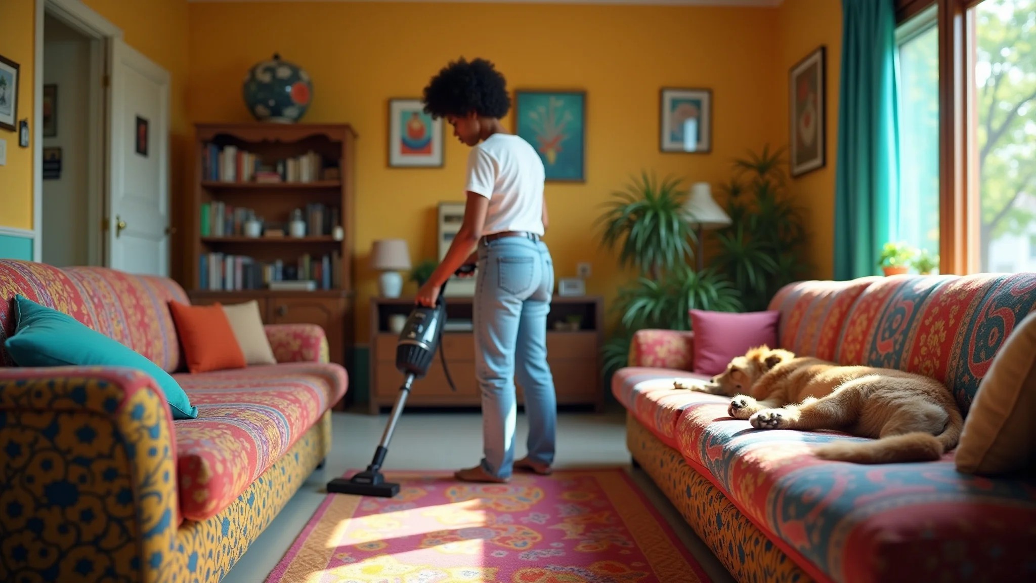 Mulher aspirando sala colorida com cachorro dormindo no sofá.