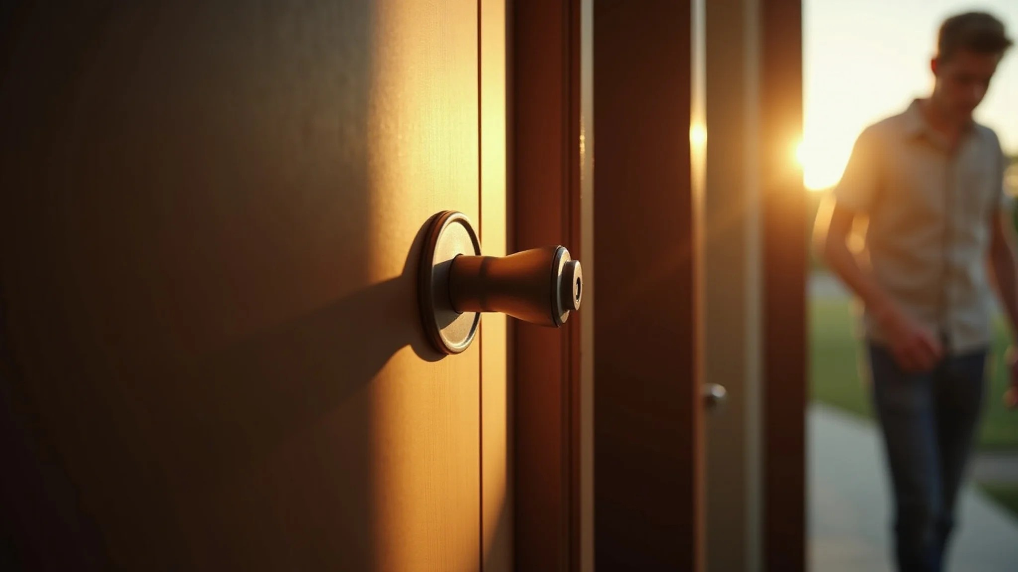 Porta com olho mágico recém-instalado, vista de dentro, figura borrada do lado de fora.