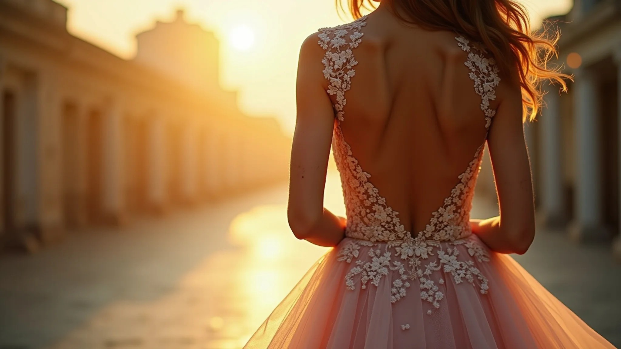 Vestido com tule nas costas, luz dourada suave, pose elegante, fotografia profissional.