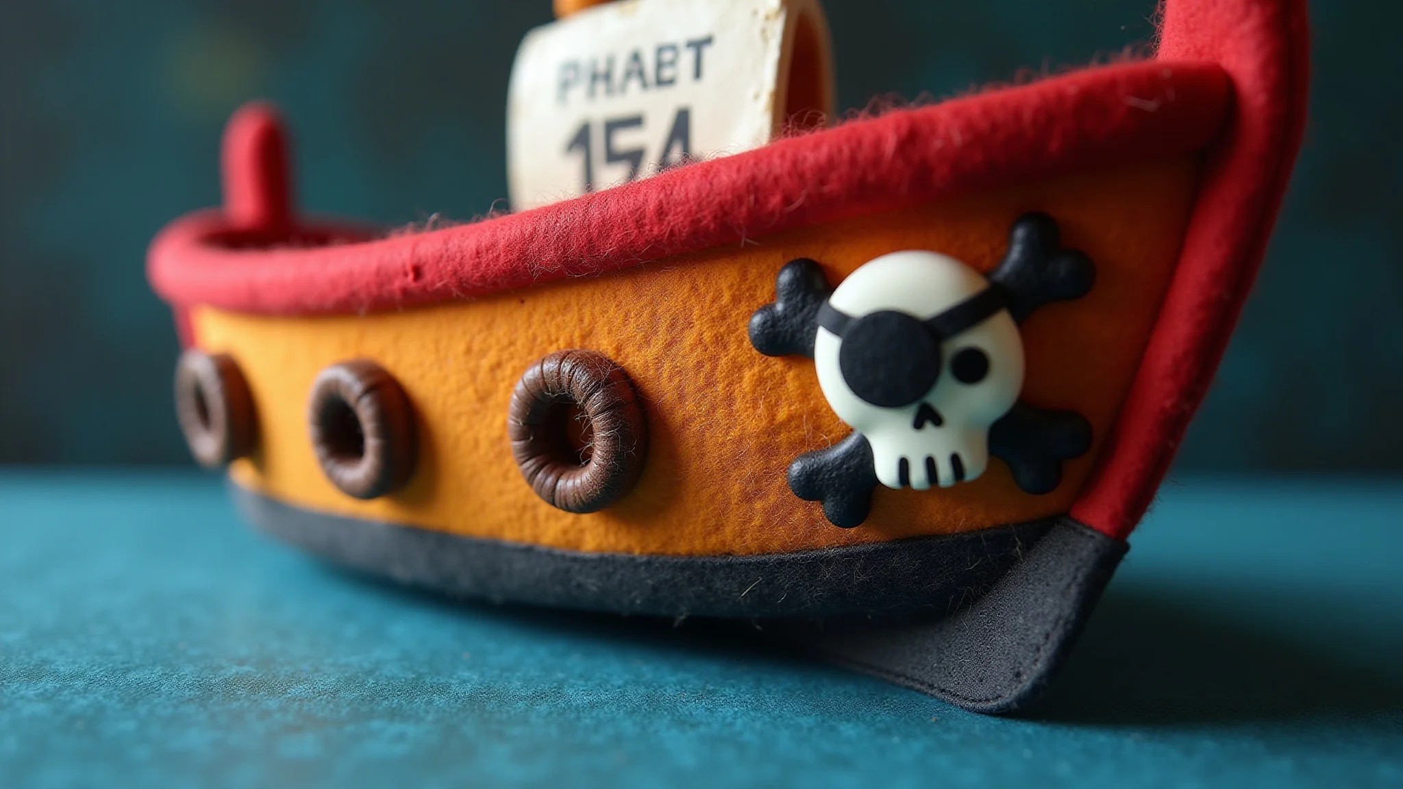 Barquinho de feltro com tema de pirata, tapa-olho e caveira.