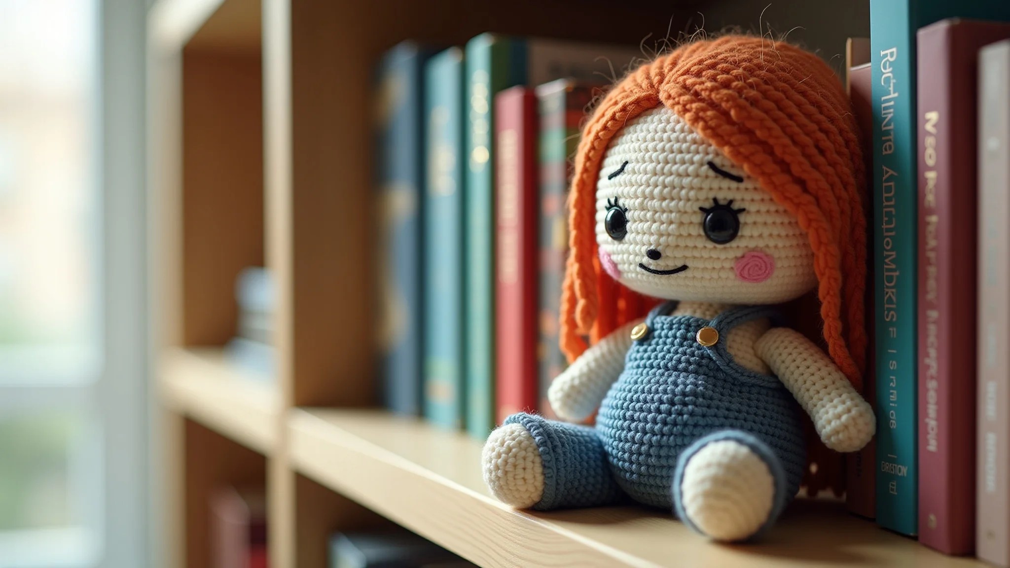 Boneca amigurumi finalizada em prateleira com livros de crochê.