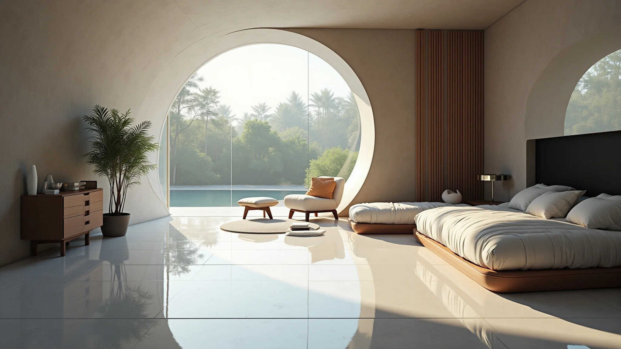Casa futurista com piso autolimpante nanotecnológico, design minimalista e iluminação natural.