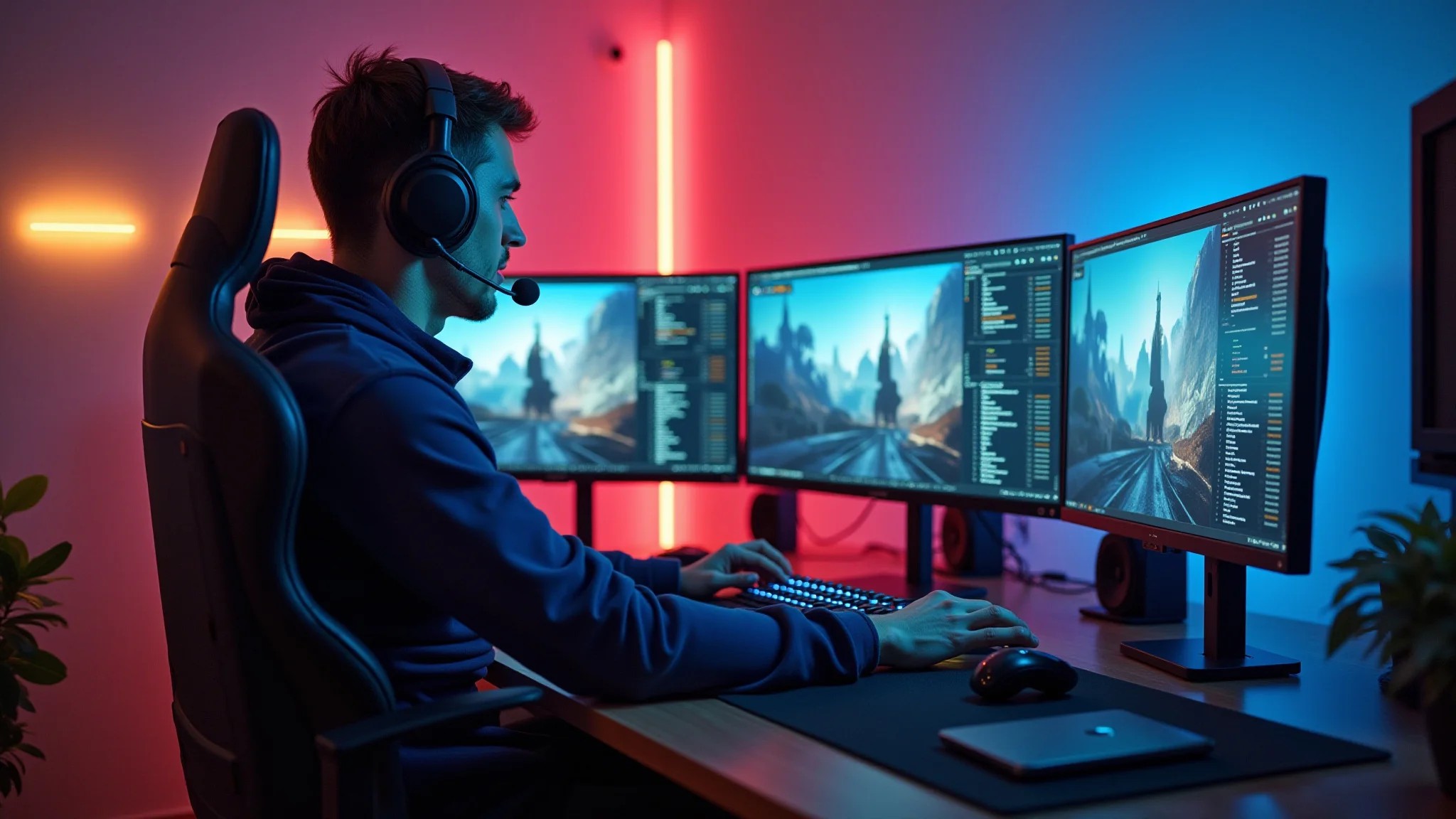 Gamer configurando seu equipamento em uma mesa espaçosa, com iluminação LED e vários monitores.