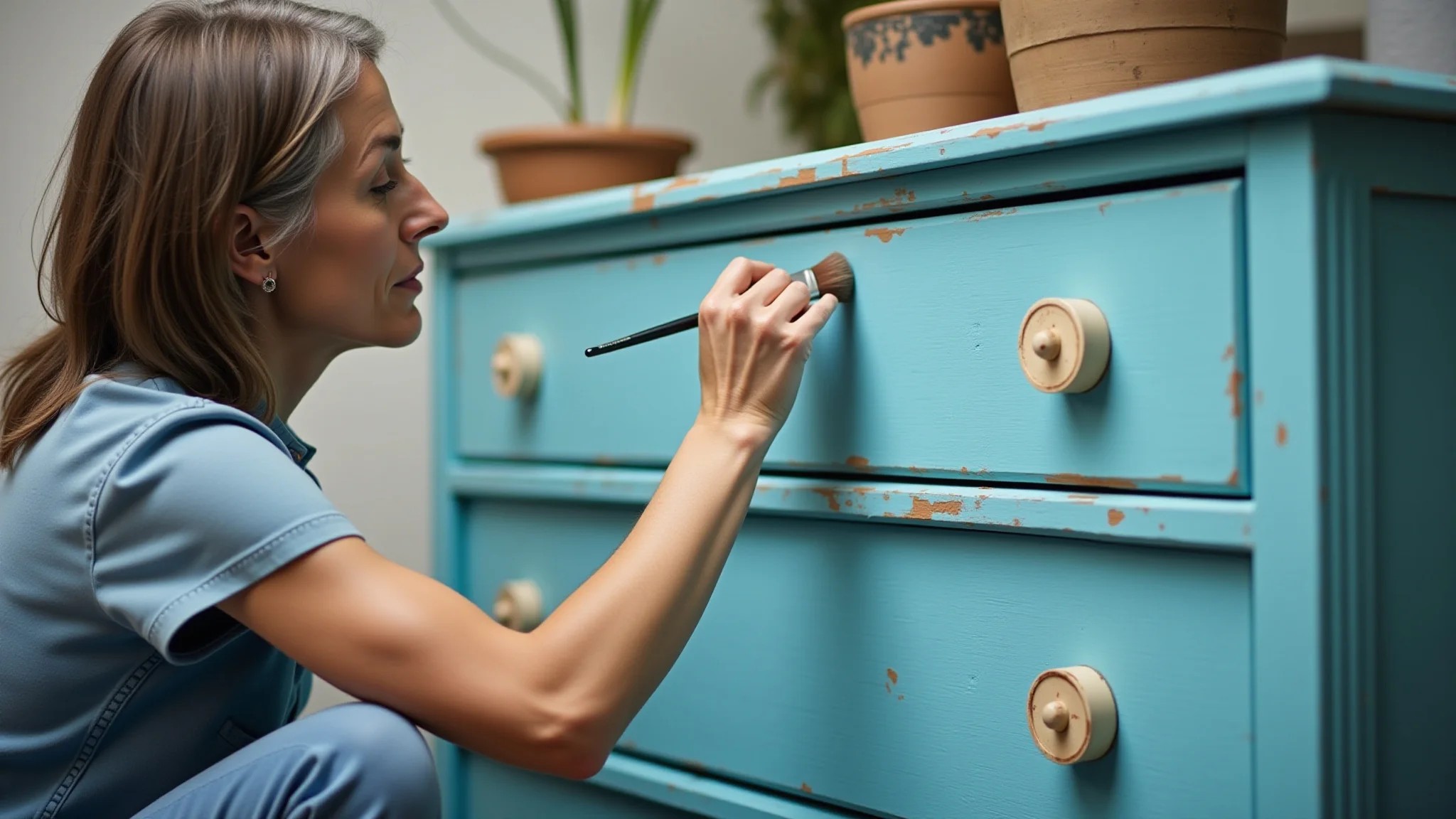 Mulher de meia-idade pintando cômoda vintage com tinta azul clara, técnicas artesanais.