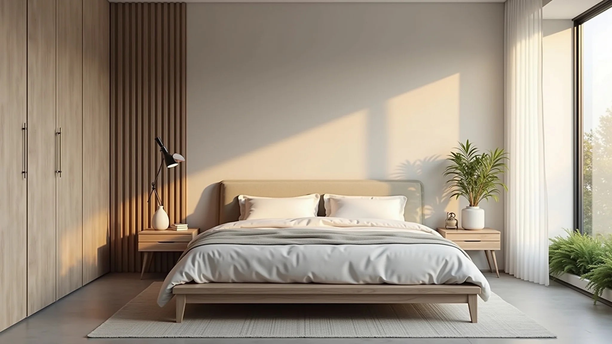 Quarto de solteiro minimalista com cabeceira suspensa, design clean e iluminação suave.