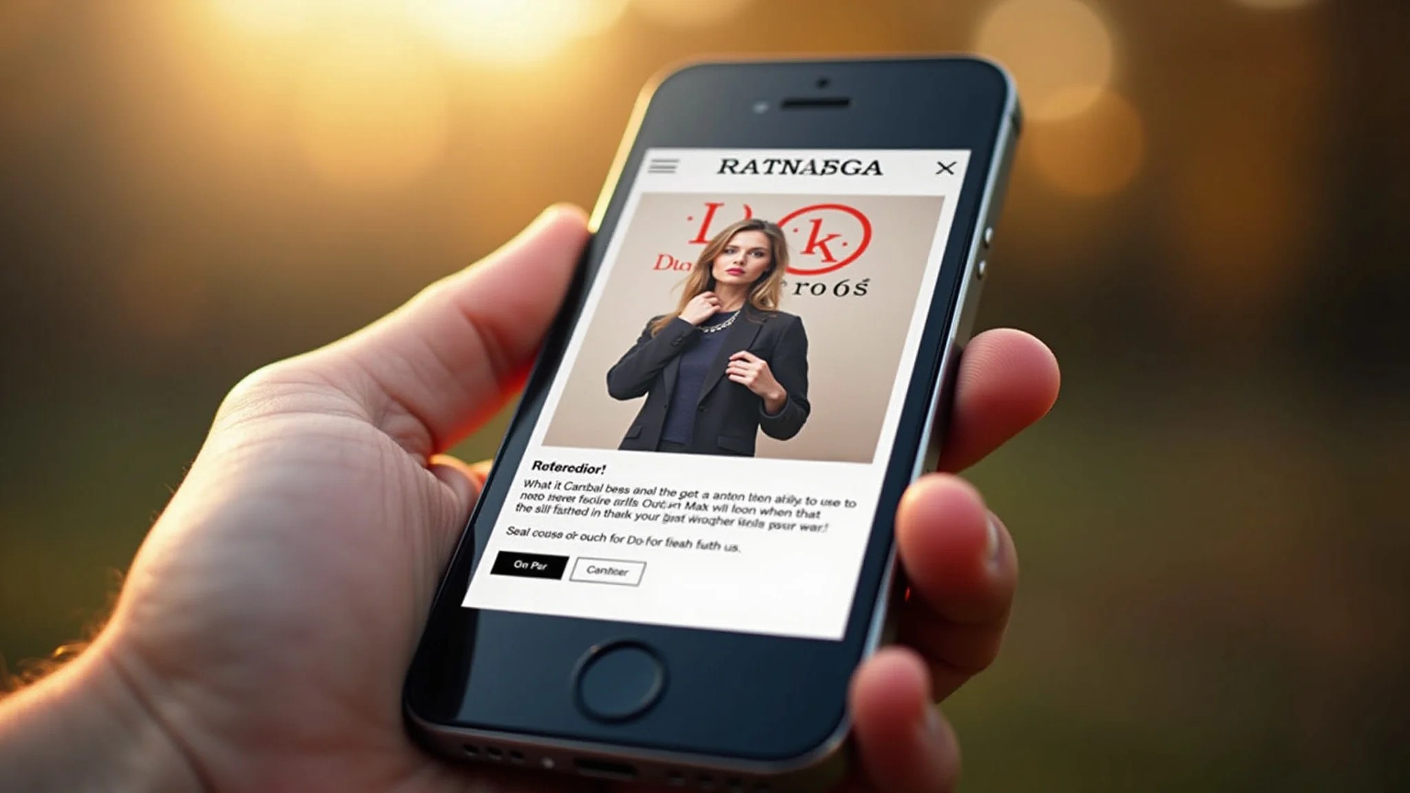 Campanha de email marketing de marca de moda em um celular, mostrando oferta personalizada.