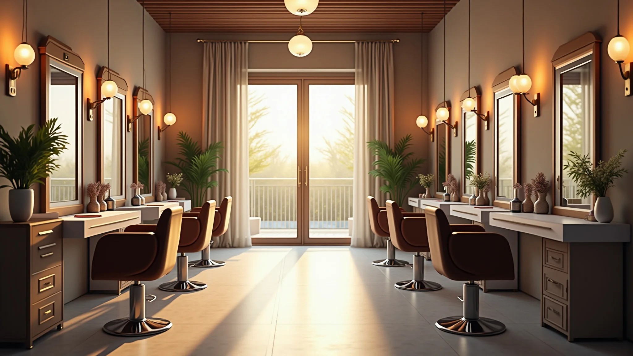Interior moderno de salão de beleza com decoração minimalista e estações de trabalho confortáveis.