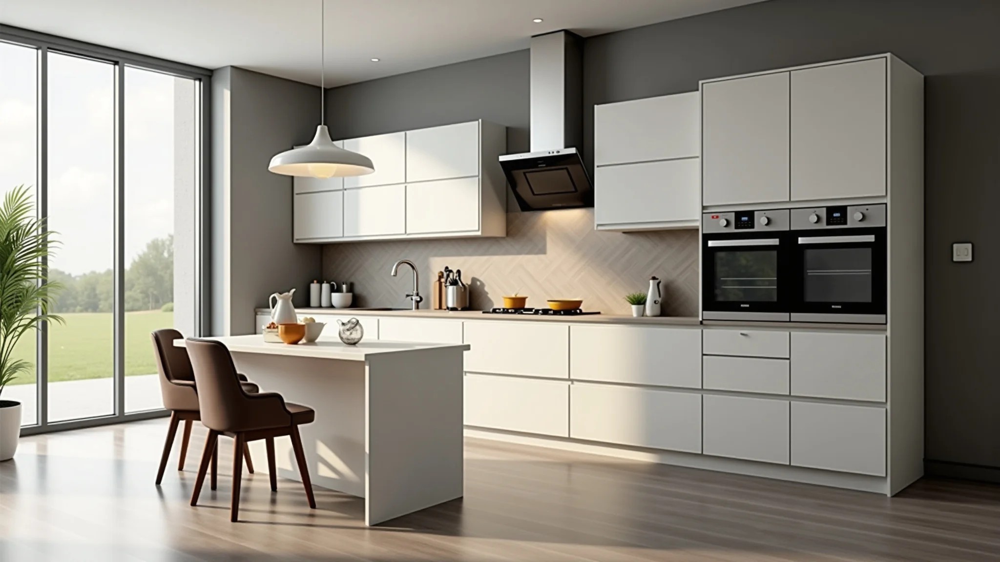 Mesa embutida na bancada em cozinha moderna com estilo Farm Rio.